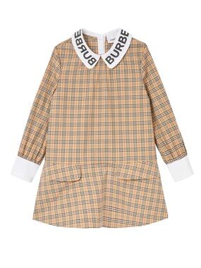 Burberry Tan Check Cotton Dress with White Logo Collar